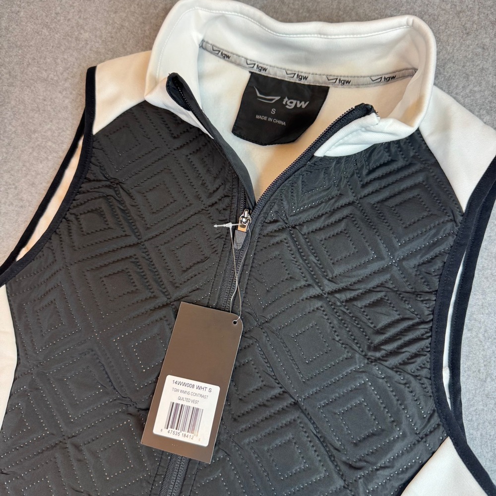 TGW Womens Small Contrast Quilted Vest Black White Full Zip Golf 14WW008 WHT